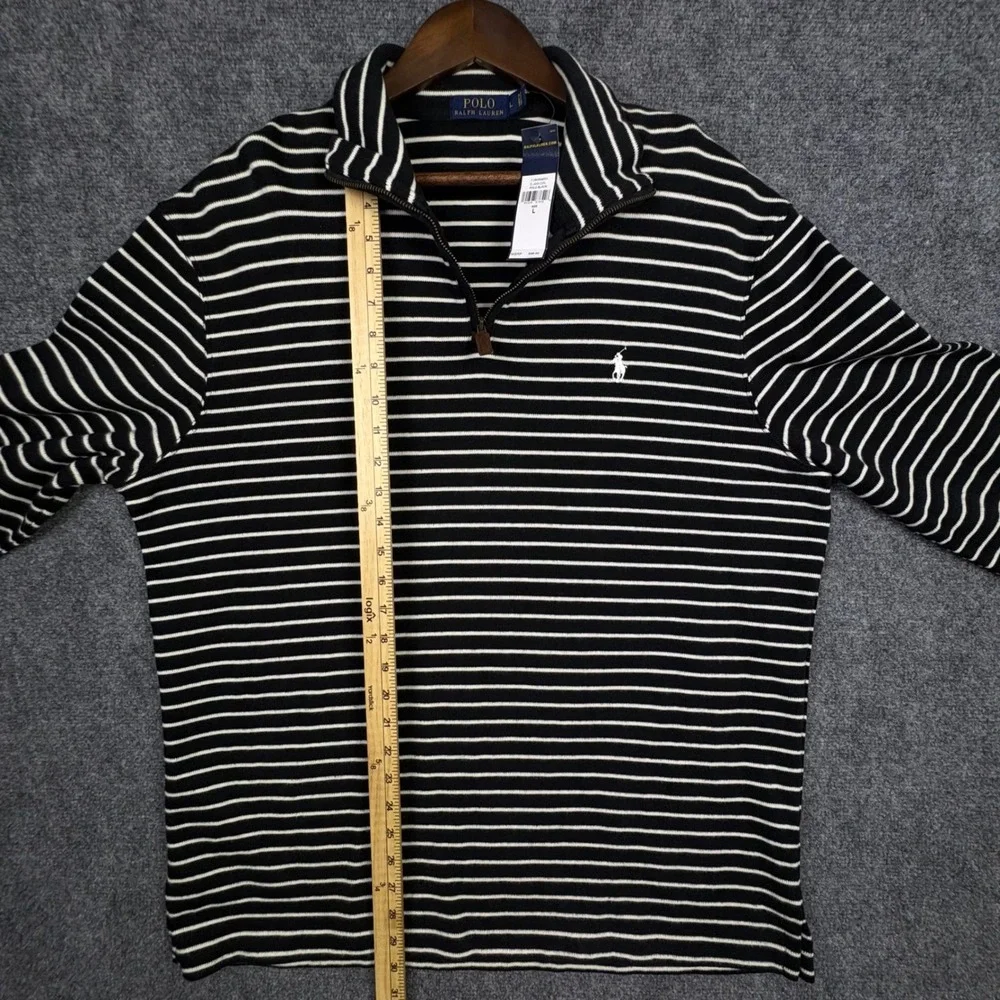 Polo Ralph Lauren Quarter Zip Mens L Black White Striped Pony Logo Pullover NEW